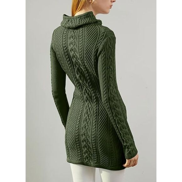 Women's Turtleneck Knit Sweater Green Long Slim Fitted Bodycon Dress Long Sleeve - Picture 5 of 5